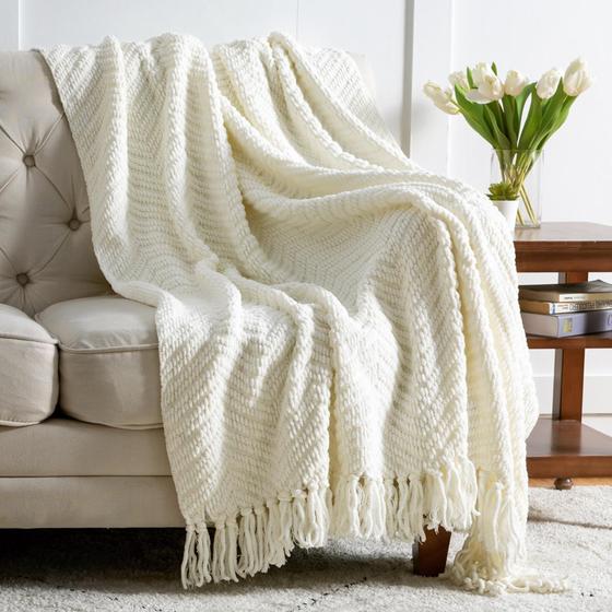 Imagem de Throw Blanket Bedsure Cream White Knit Chenille 150x20