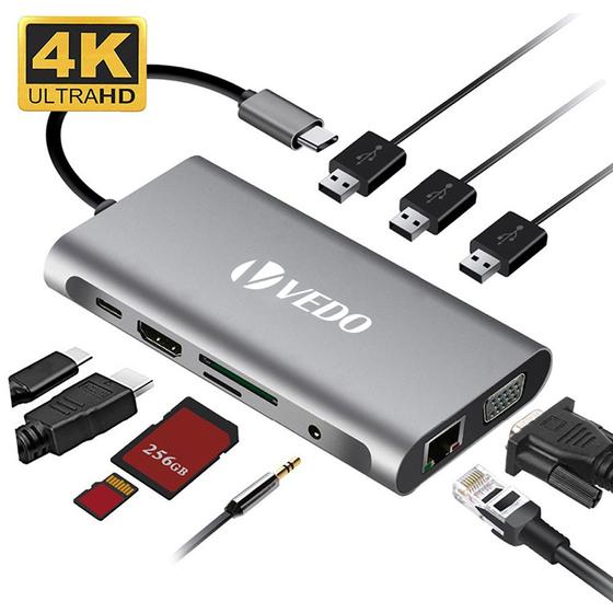 Thunderbolt VEDO 10 em 1 4K HDMI 3 portas USB 3.0 LAN VGA, SD e TF USB C Menor preço em Thunderbolt VEDO 10 em 1 4K HDMI 3 portas USB 3.0 LAN VGA, SD e TF USB C