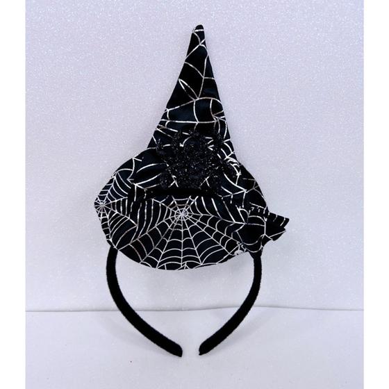 Imagem de Tiara arquinho preto com prata teia chapéu de bruxa halloween festas feminina