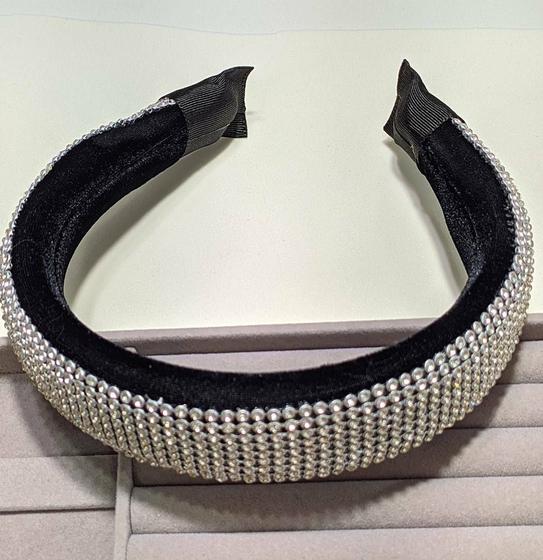Tiara de Cabelo Larga Strass Brilho / Faixa Grossa Arco Acolchoada Malha Prata Preto Moda