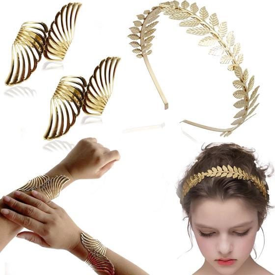 Imagem de Tiara Deusa Grega Com 2 Braceletes Asa Noiva Afrodite Coroa Fantasia Carnaval Halloween Festa Aniversário