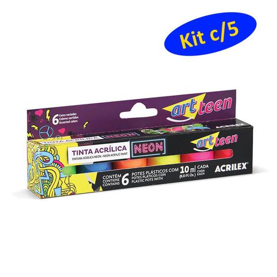 Imagem de Tinta Acrilica Neon Acrilex - Kit 5 Caixas c/6 potes de 10ml 03905