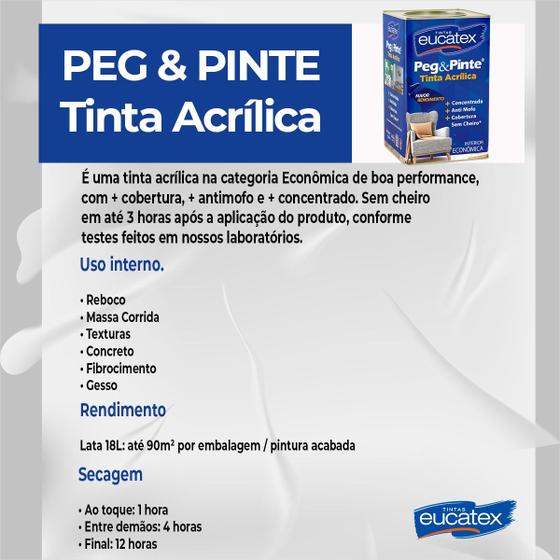 Imagem de Tinta Acrílica Peg & Pinte 18l Branco Sem Cheiro Eucatex + Kit pintura 3 peças atlas  parede, sala, quarto, interno