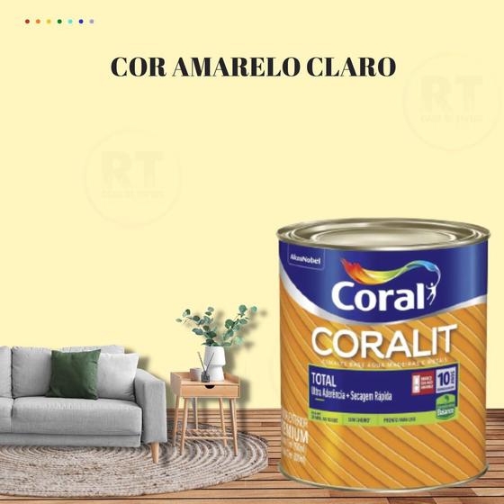 Imagem de Tinta Esmalte Sintético Base Água Cor Amarelo 800ml Coral Coralit Total Zero Brilhante p/Madeiras e Metais e Pintura em Artesanato de MDF.