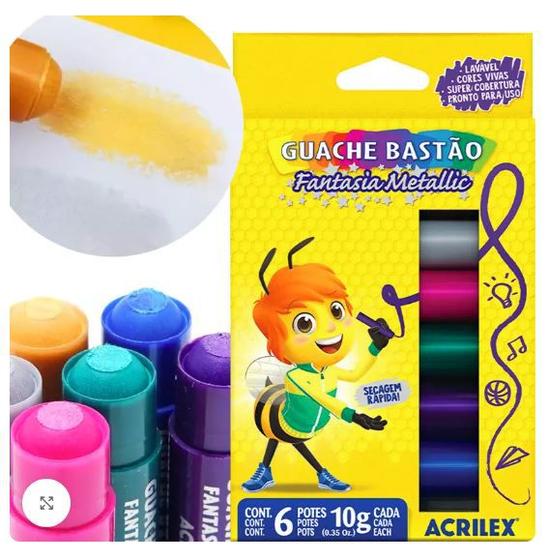 Imagem de Tinta Guache Bastão Fantasia Metallic 6 Cores Escolar - Acrilex