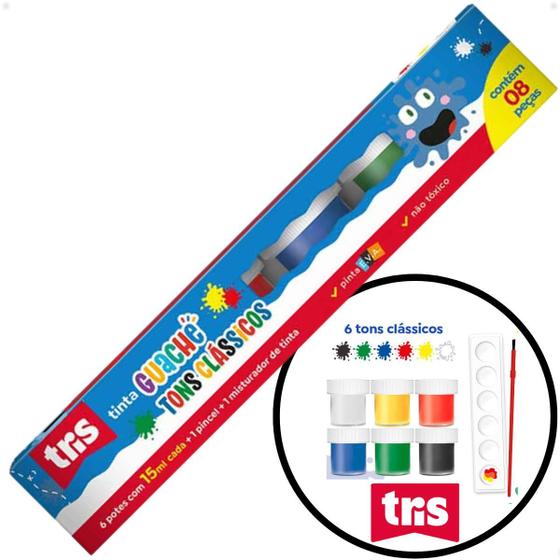 Imagem de Tinta Guache TONS CLÁSSICOS Kit Com 6 Potes 15ml   Pincel  Misturador Tris  