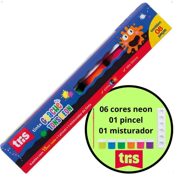 Imagem de Tinta Guache TONS NEON Kit Com 6 Potes 15ml   Pincel  Misturador Tris