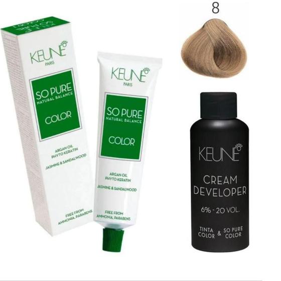 Imagem de Tinta Keune So Pure 8 Louro Claro + Ox Cream Dev 6% 20 Vol