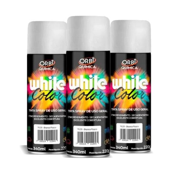 Imagem de Tinta Spray White Color Uso Geral Branco Fosco 340ml - 3 Peças