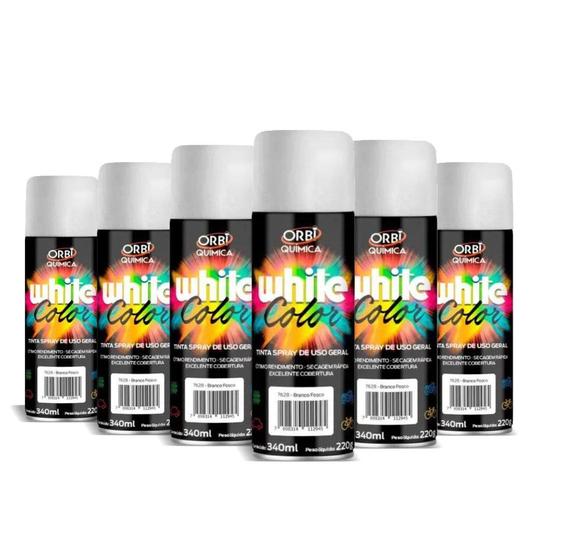 Imagem de Tinta Spray White Color Uso Geral Branco Fosco 340ml - 6 Peças