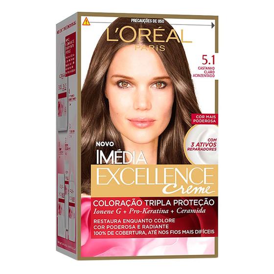 Imagem de Tintura Creme Imédia Excellence L'oréal Castanho Claro Acinzentado 5.1 Kit