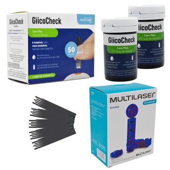 Imagem de Tira Multilaser de Glicose + Lancetas Multilaser Glicocheck Kit 50 Tiras + 100 Lancetas