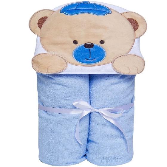 Imagem de Toalha Banho Felpada Urso Azul Papi Forrada Capuz Bordado 90x70cm