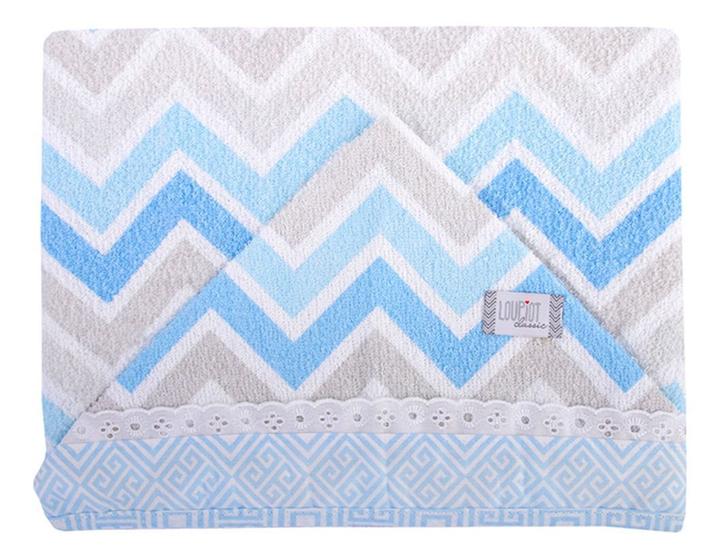 Imagem de Toalha Bebe Capuz Forro em Fralda Estampada Chevron Menino Azul 70cmx90cm 100% Algodão