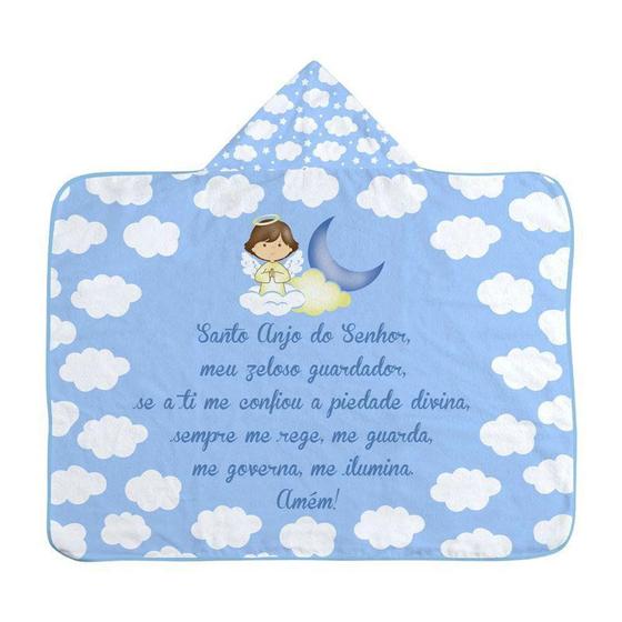 Imagem de Toalha de banho bebe com capuz anjo da guarda c/estampa localizada e forro fralda 67cmx90cm pct c/01