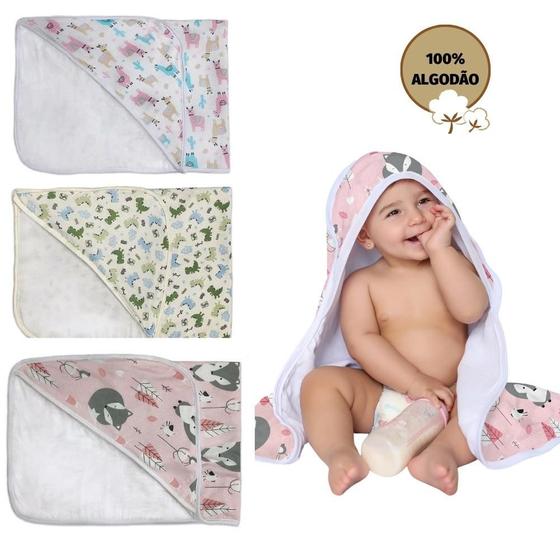 Imagem de Toalha de banho bebe com capuz forrada fralda estampada infantil 100% algodão macia