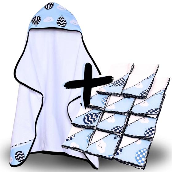 Imagem de Toalha de Banho Bebe Dupla Camada com Capuz e Forro Fralda + 11 Pano de Boca Bebe Dupla Camada Estampado 100% Algodão - Mãe e Filho Enxovais