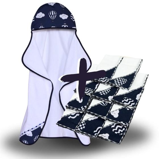 Imagem de Toalha de Banho Bebe Dupla Camada com Capuz e Forro Fralda + 11 Pano de Boca Bebe Dupla Camada Estampado 100% Algodão - Mãe e Filho Enxovais