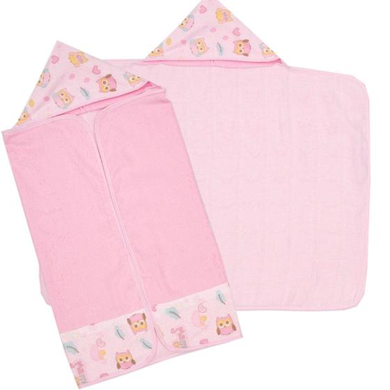 Imagem de Toalha De Banho Bebe Forrada 70x90cm Com Capuz Kit Com 2