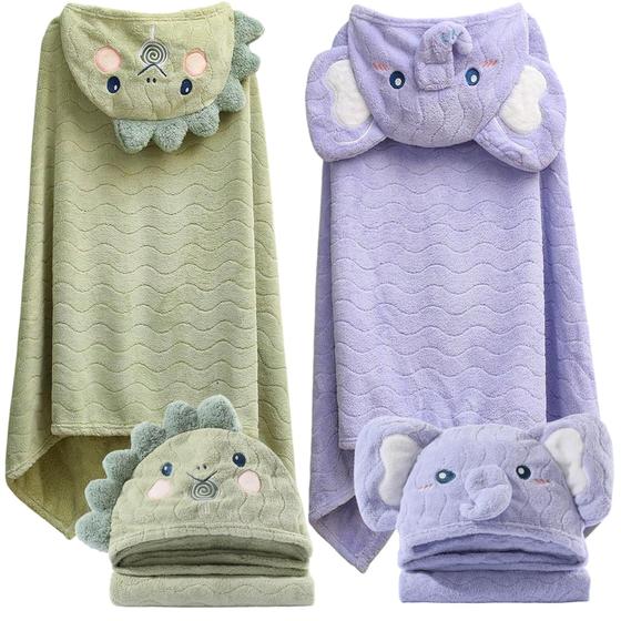 Imagem de Toalha de Banho Infantil com Capuz KLHYIT - Ultra Absorvente - Pacote com 2 Unidades