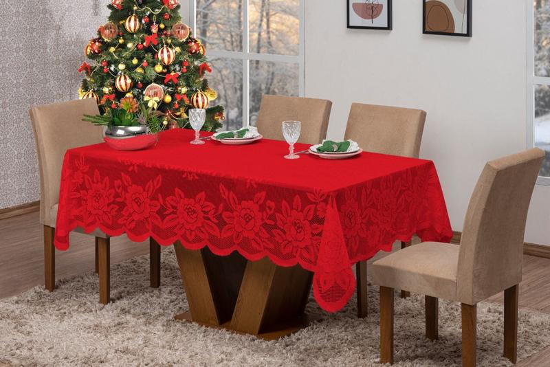 Imagem de Toalha De Mesa 2,30 X 1,50 Em Renda 06 Cadeiras Natal Vermelho