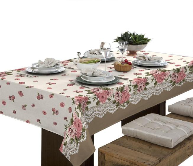 Imagem de Toalha De Mesa Linhão 6 Lugares Retangular Floral Bege