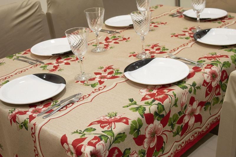 Imagem de Toalha de Mesa Linhão Rústico 8 Lugares 2,50m x 1,45m - Flores Vermelha