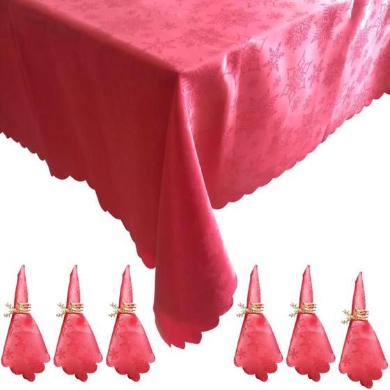 Imagem de Toalha de Mesa Natalina 2,20x1,50m + 6 Guardanapos - Tecido Adamascado Vermelho