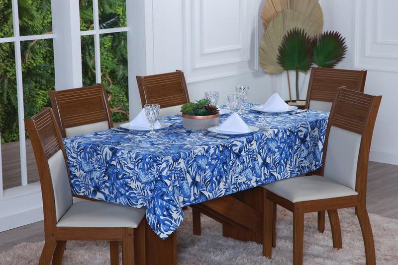 Imagem de Toalha de Mesa Posta 8 Cadeiras Jacquard Estampada 2,80m x 1,40m Flor Azul