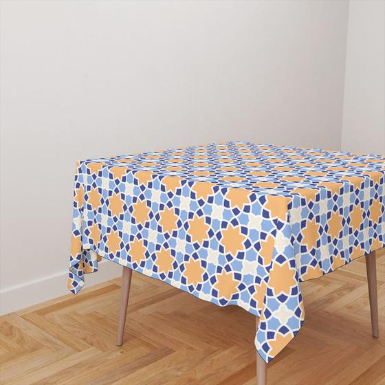 Imagem de Toalha De Mesa Quadrada 4 Lugares Tecido Oxford Mandalas Pequenas Amarelo, Azul e Branco TL86 - 140x140cm