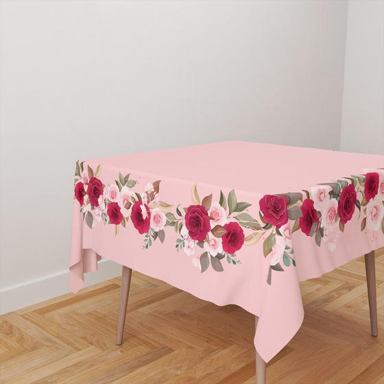 Imagem de Toalha De Mesa Quadrada 4 Lugares Tecido Oxford Rosas e Flores Fundo Rosa - 140x140cm