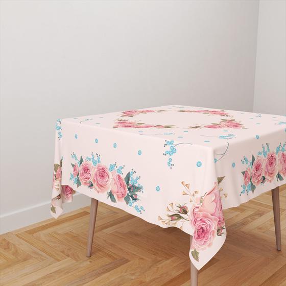 Imagem de Toalha De Mesa Quadrada 4 Lugares Tecido Oxford Rosas TL23 - 140x140cm