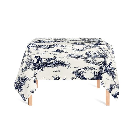 Imagem de Toalha de Mesa Quadrada em Tecido Jacquard Estampado Toile de Jouy Azul Marinho