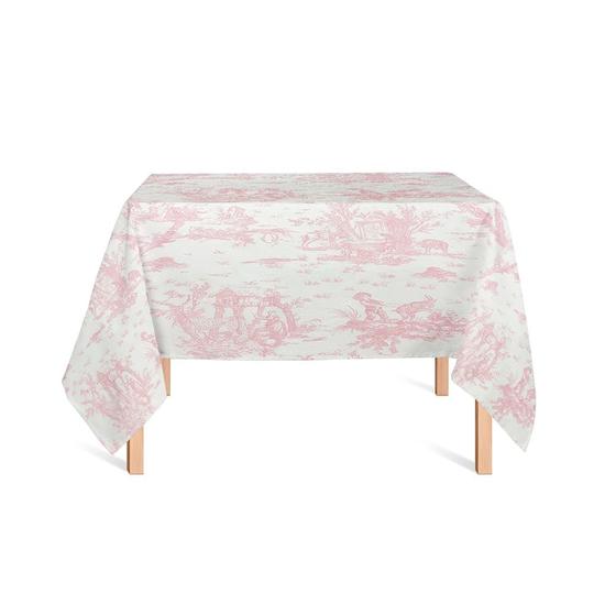 Imagem de Toalha de Mesa Quadrada em Tecido Jacquard Estampado Toile de Jouy Rosa Bebê