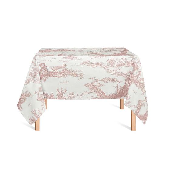 Imagem de Toalha de Mesa Quadrada em Tecido Jacquard Estampado Toile de Jouy Rose