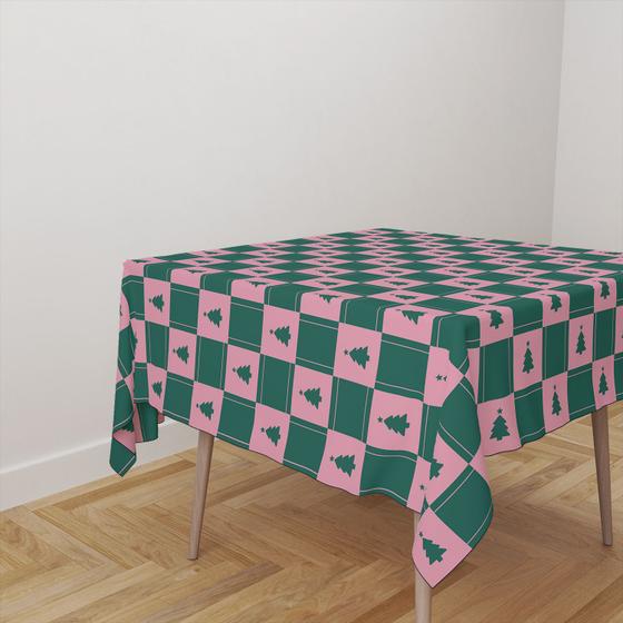 Imagem de Toalha De Mesa Quadrada Tecido Oxford Quadriculado Àrvore Natal Rosa e Verde - 140x140cm