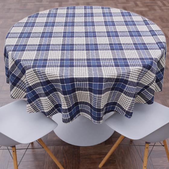 Toalha De Mesa Redonda em Linho Xadrez Azul 4 Lugares Menor preço em Toalha De Mesa Redonda em Linho Xadrez Azul 4 Lugares