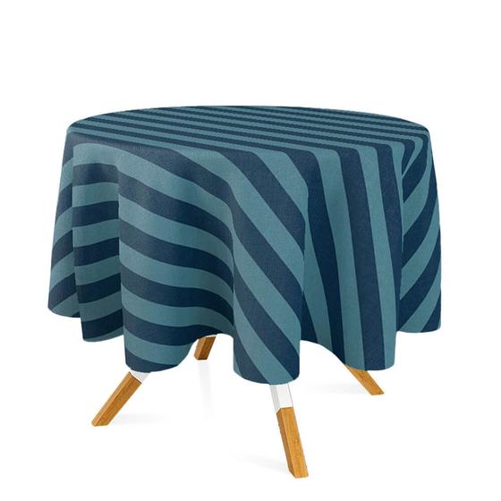 Imagem de Toalha de Mesa Redonda em Tecido Jacquard Azul Marinho e Turquesa Listrado Tradicional