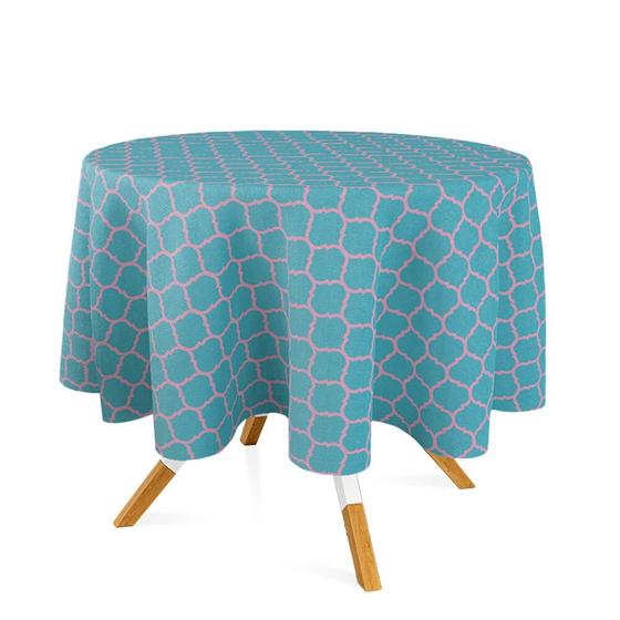 Imagem de Toalha de Mesa Redonda em Tecido Jacquard Azul Turquesa e Rosa Geométrico Tradicional
