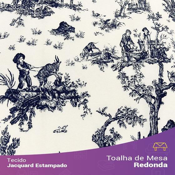 Imagem de Toalha de Mesa Redonda em Tecido Jacquard Estampado Toile de Jouy Azul Marinho