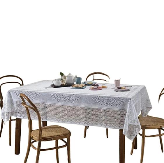 Imagem de Toalha De Mesa Retangular Branca 06 Lugares Renda Flores