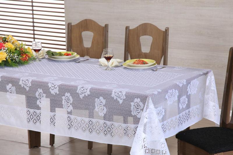 Imagem de Toalha de mesa retangular branca em renda trabalhada rosas
