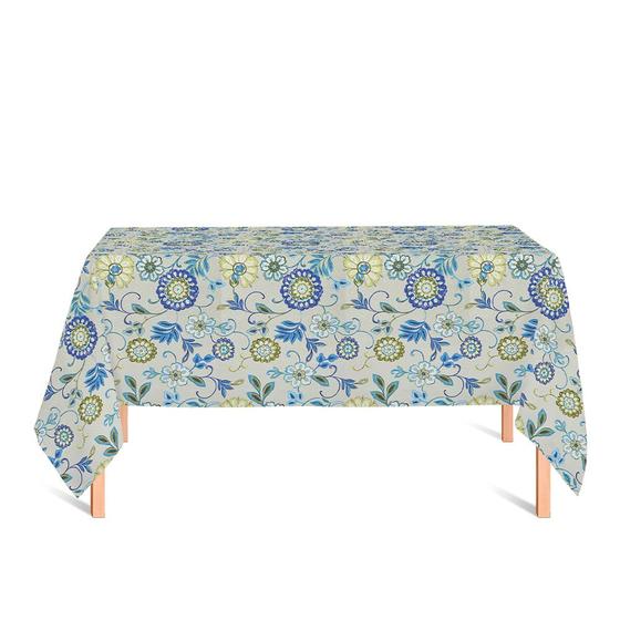 Imagem de Toalha de Mesa Retangular em Tecido Jacquard Estampado Floral Verde e Azul Fundo Branco