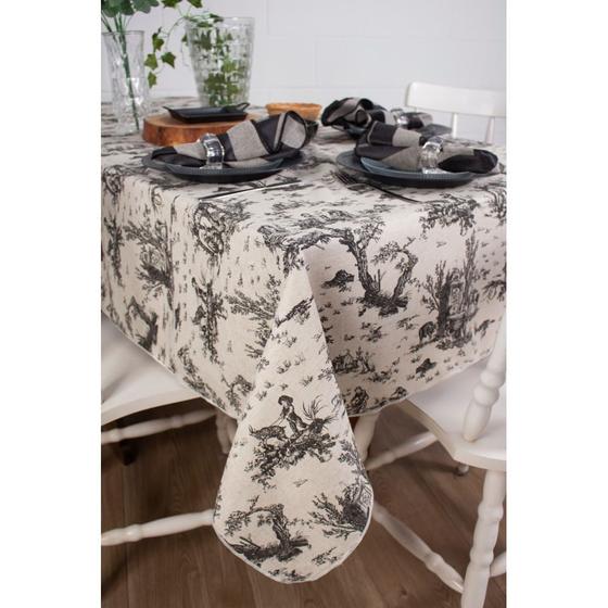 Imagem de Toalha de Mesa Retangular em Tecido Linho Estampado Toile de Jouy Preto