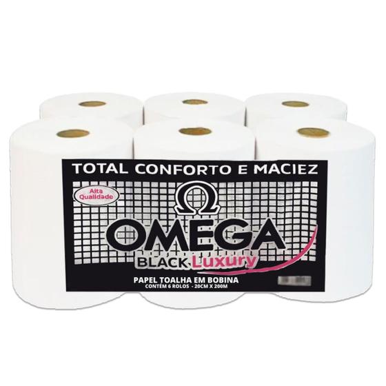 Imagem de Toalha de Papel em Bobina Omega 6 Rolos de 200m Papel Celulose Multiuso Virgem Alta Absorção 1 Pacote