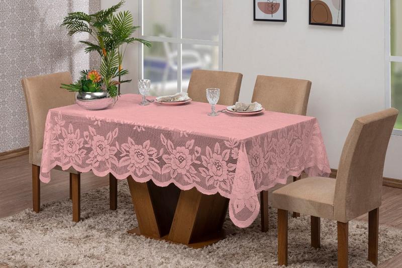 Imagem de Toalha para Mesa de Renda com 6 Cadeiras 2,30X1,50 Cor Rosa Decoração Casa Sala de Jantar