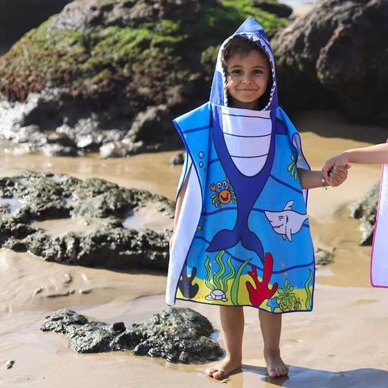 Imagem de Toalha Poncho com Capuz Infantil Praia/Piscina - Tubarão