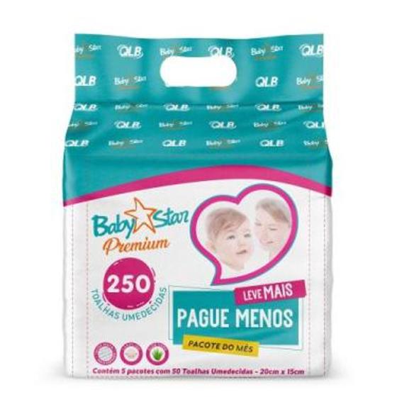 Imagem de Toalha Umedecida Baby Star Premium com 250 Unidades(05 pacotes com 50 unidades cada)