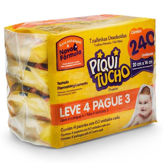 Imagem de Toalha Umedecida Piquitucho Premium Leve 4 Pague 3 com 4 Pacotes de 60 Unidades cada