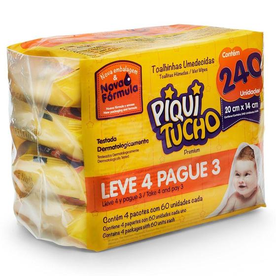 Imagem de Toalha Umedecida Piquitucho Premium Leve 4 Pague 3 com 4 Pacotes de 60 Unidades cada